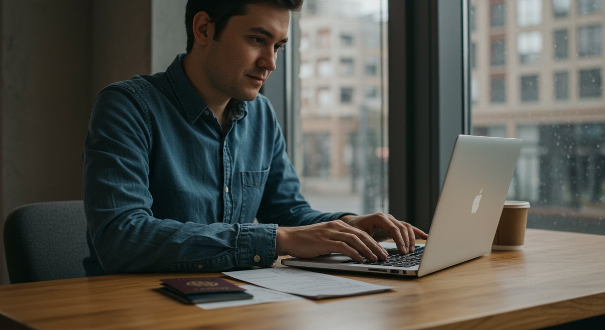 Aspiring digital nomad researching visa requirements in professional co-working environment