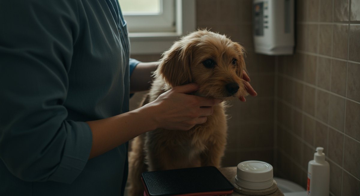 Experienced pet parent applying natural remedy for dog skin allergies in a hygienic grooming setting