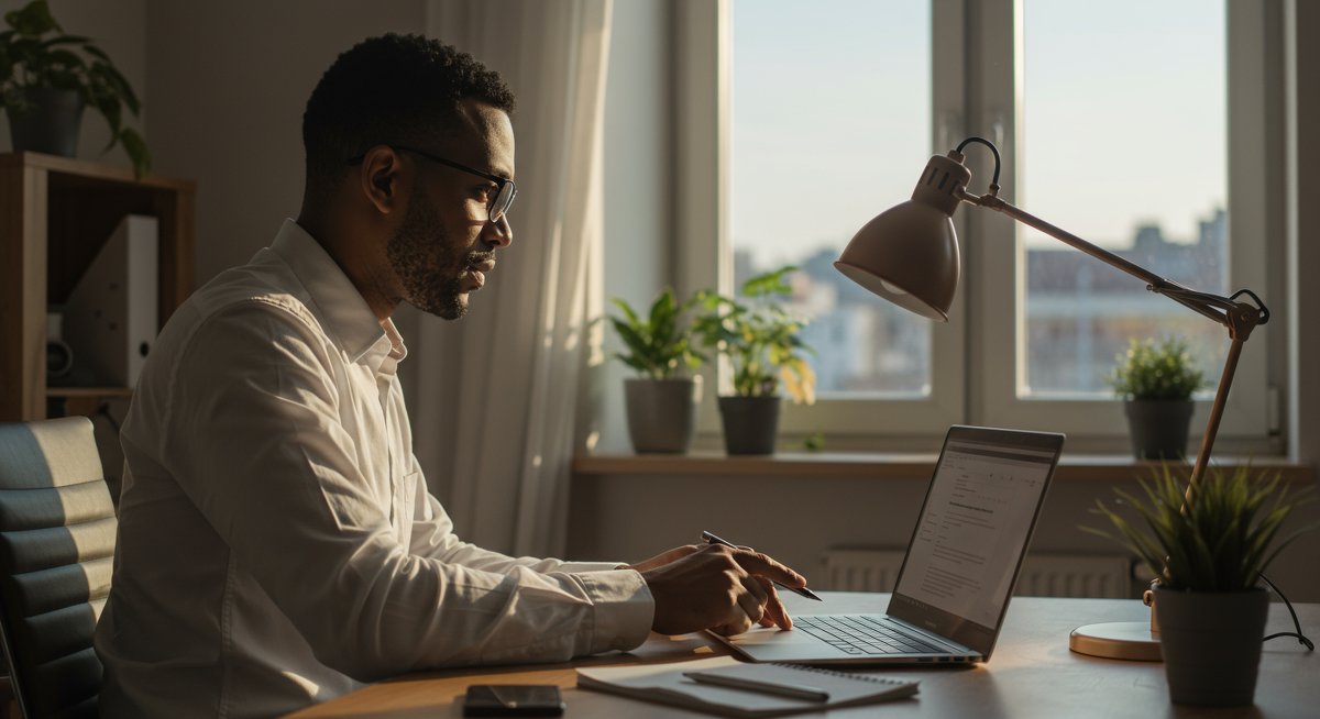 Confident male professional using Pomodoro timer in modern home office with minimalist decor, demonstrating focus techniques for productivity