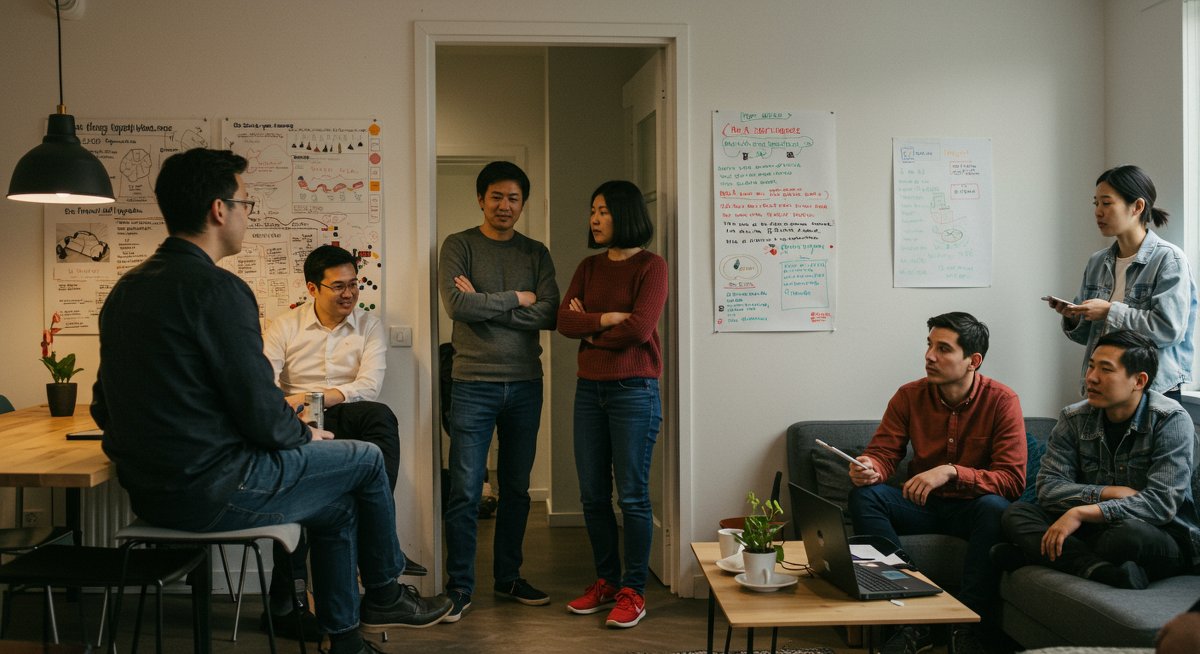 Digital nomads building community in co-living space with shared workspace and social areas