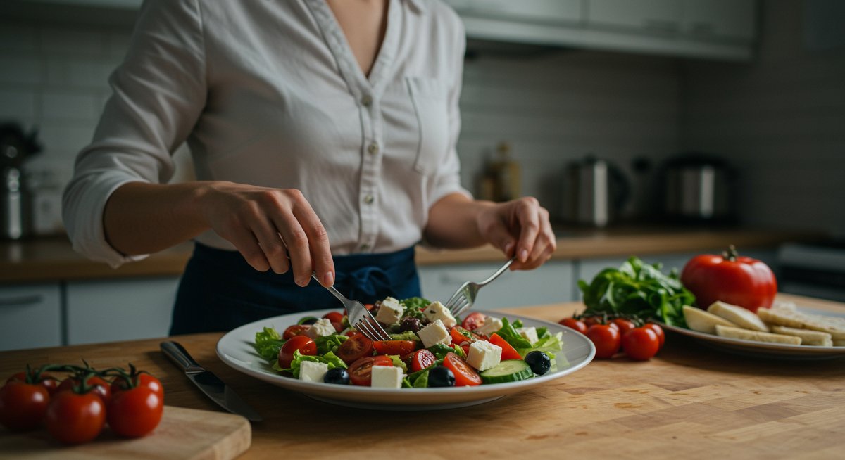 Professional Mediterranean lunch recipe illustration showing fresh ingredients and elegant plating for healthy eating