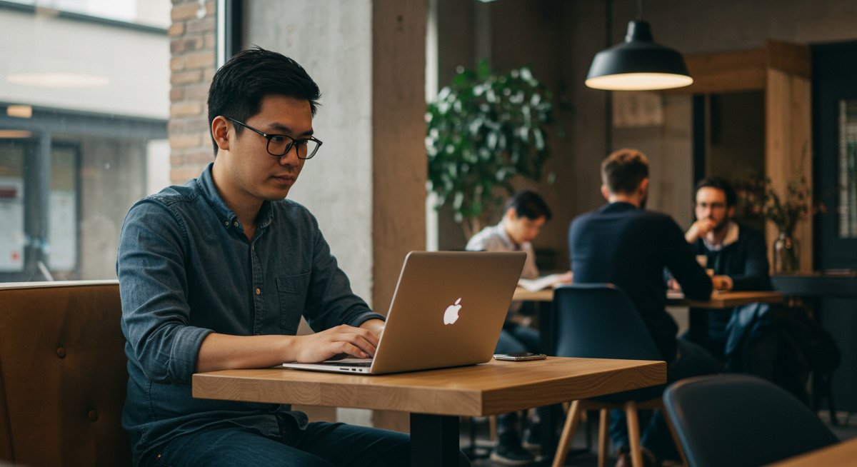 Experienced digital nomad man securing data while working from a co-working space, focusing on public Wi-Fi safety and cybersecurity tips.