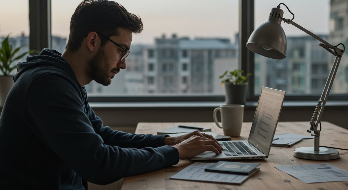 Digital nomad visa guide illustration: man researching European digital nomad visa requirements in modern co-working space