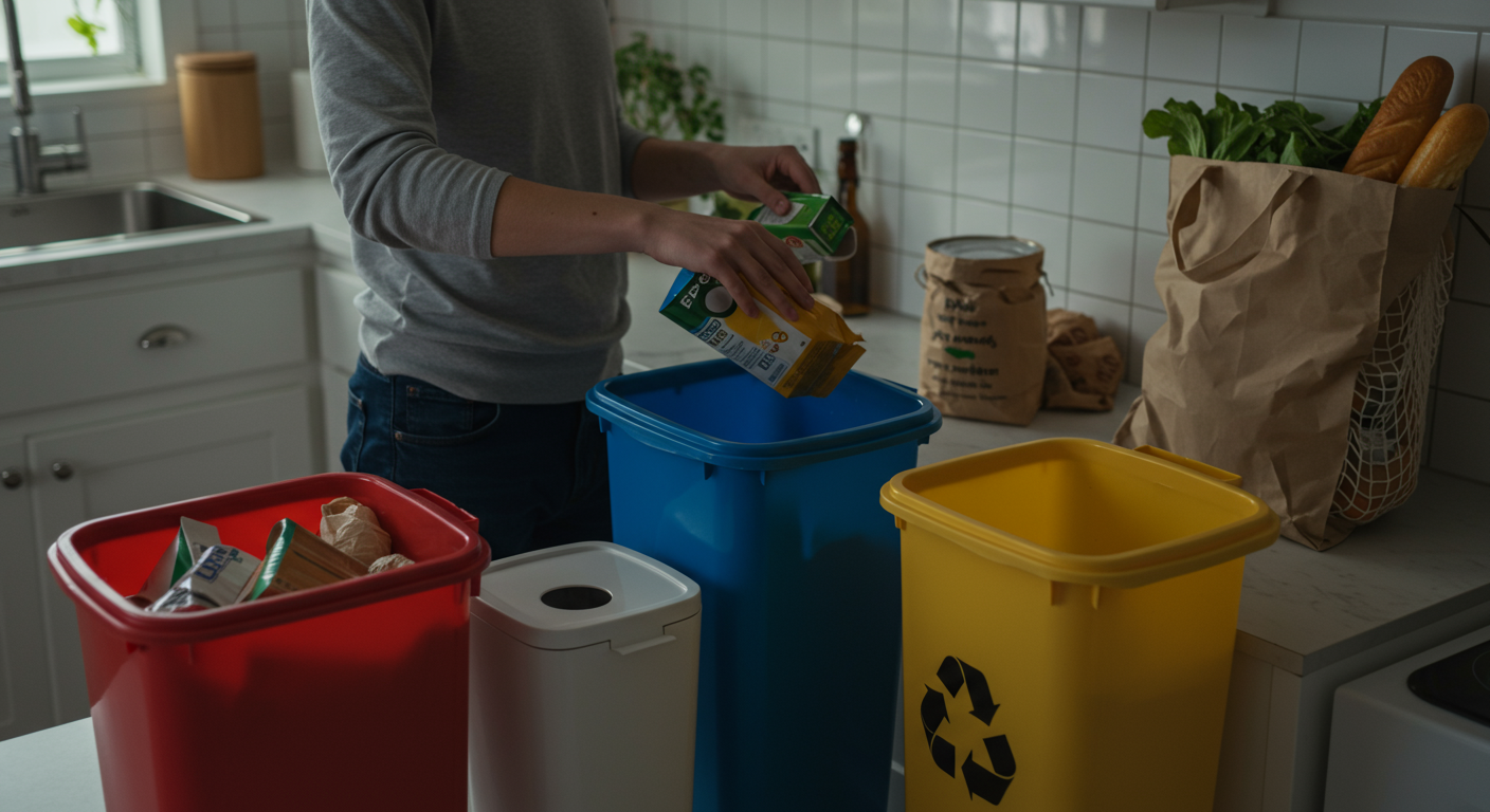 A person sorting recycling in a well-lit kitchen, showcasing budget-friendly and sustainable living practices. The image emphasizes the financial benefits of eco-conscious choices.