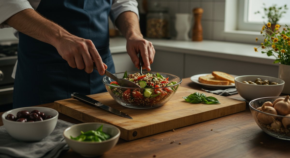 Professional image of a male chef preparing a colorful Mediterranean quinoa salad with fresh vegetables and feta cheese in a bright kitchen