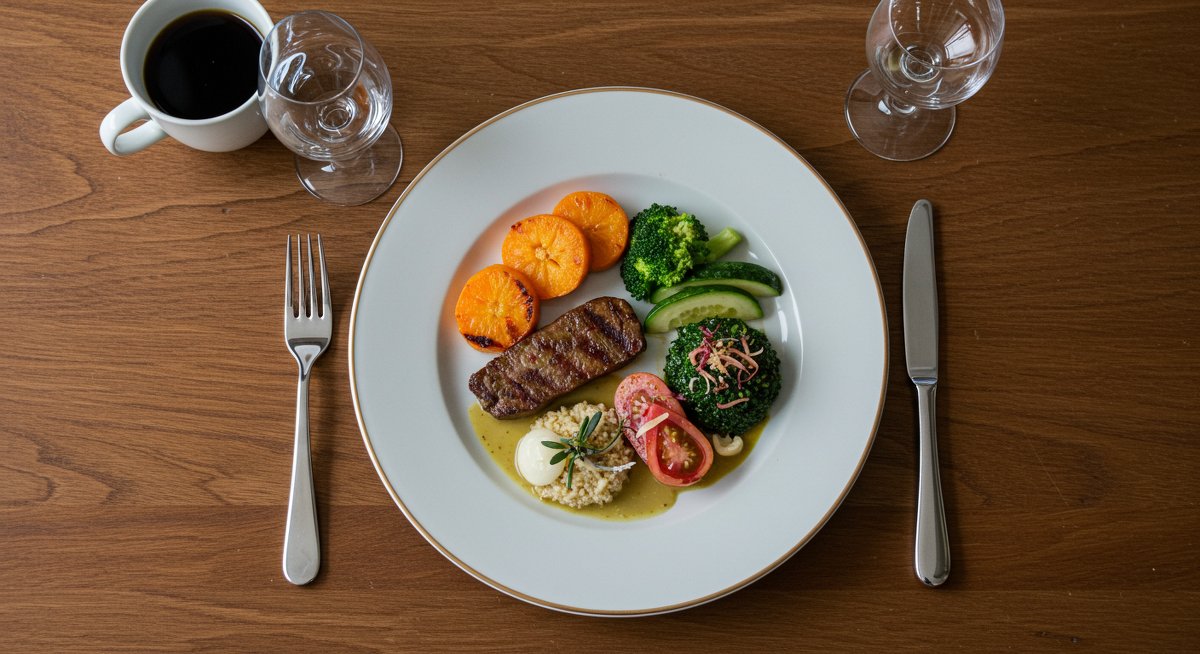Beautifully plated vegan dinner with a woman in the background, emphasizing an elegant and inviting atmosphere. The meal is colorful and vibrant, showcasing the deliciousness of plant-based eating.