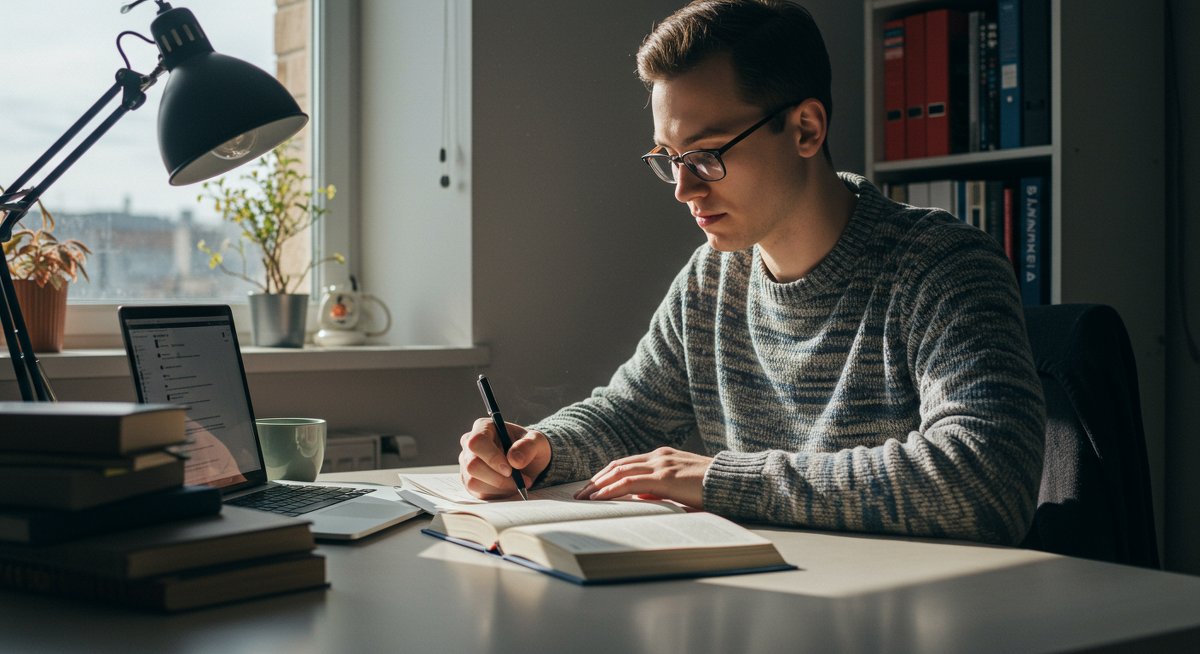Student overcoming test anxiety with focused study setup and calming elements