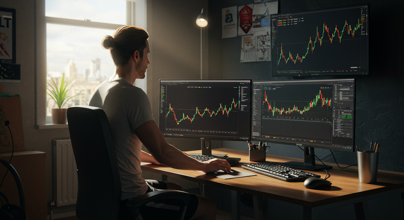 Person trading cryptocurrencies at home gym desk with natural lighting