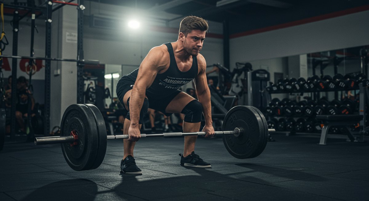 Person doing deadlifts in gym with dramatic lighting