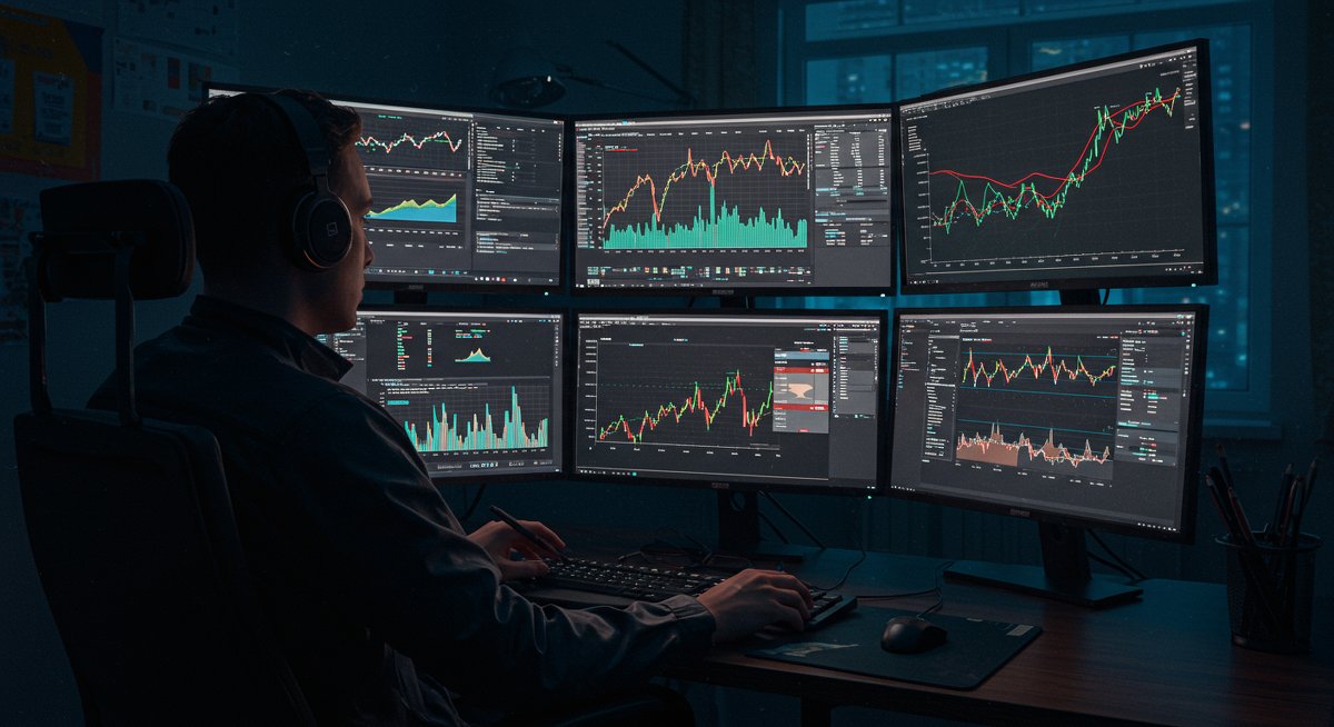 Crypto trader monitoring international markets and tax data in tech-filled workspace