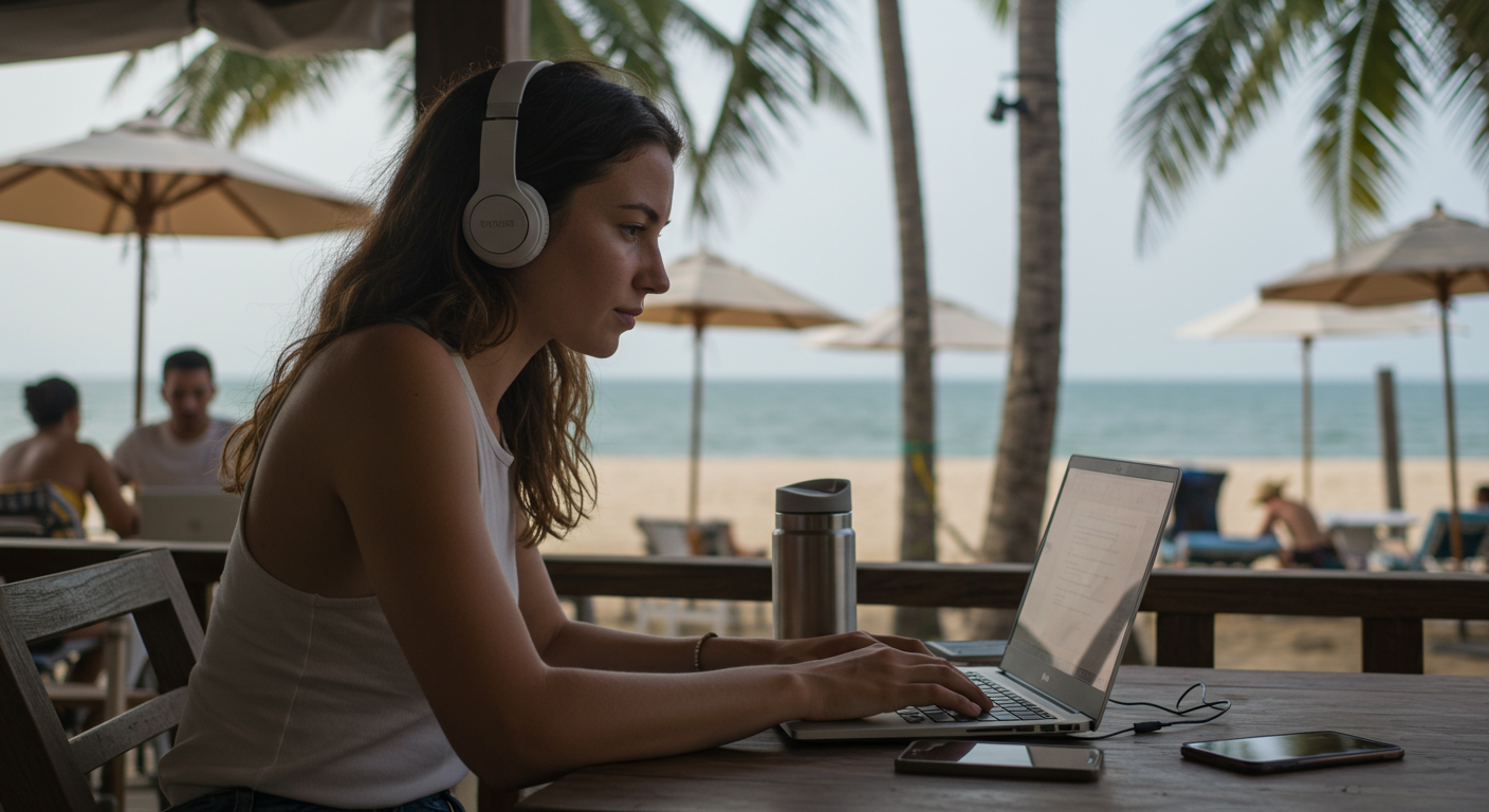 A young woman working on her laptop at a beachside cafe, showcasing tech essentials for digital nomads. The image highlights productivity, freedom, and a tropical setting.