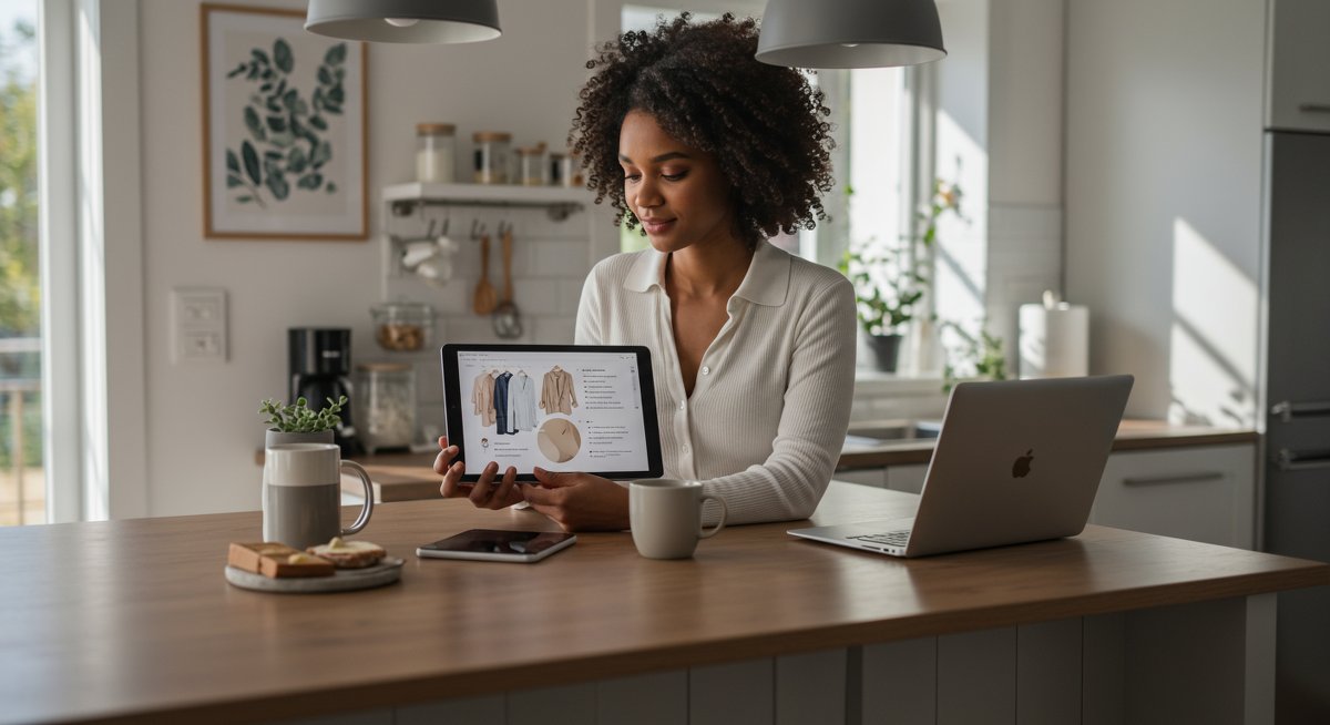 Minimalist wardrobe planning with tablet, laptop, and curated clothing items in a bright kitchen workspace