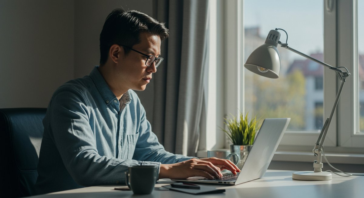 Adult learner demonstrating self-discipline with Pomodoro timer in organized workspace
