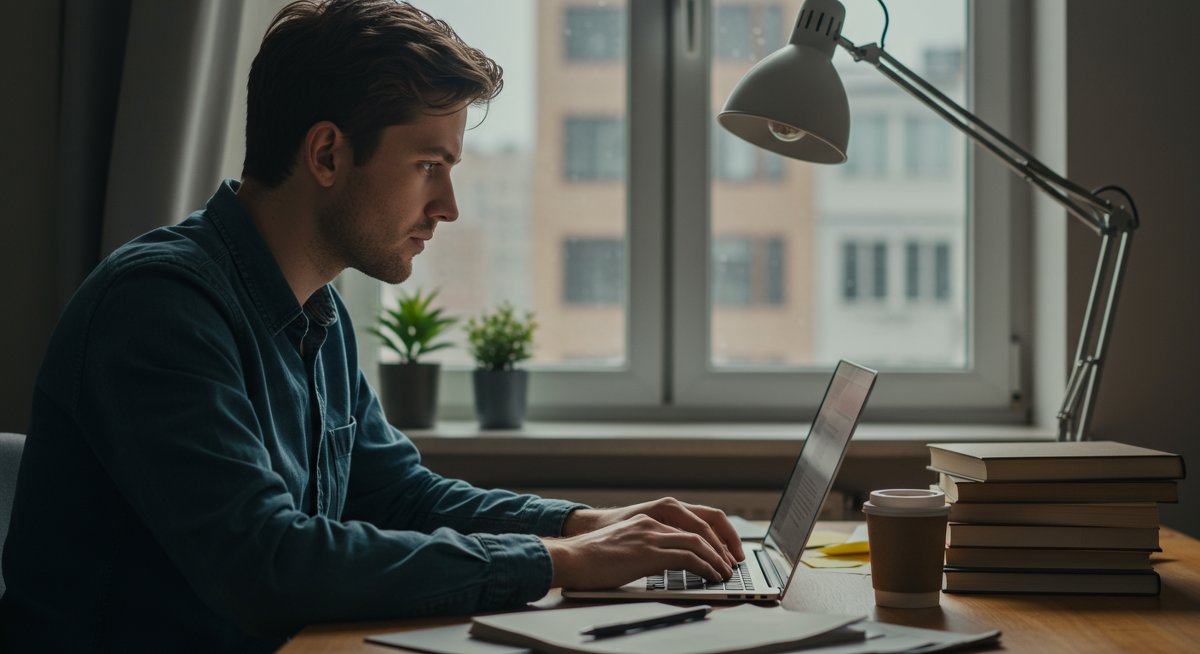 Male student using Pomodoro technique for focused study with laptop and timer