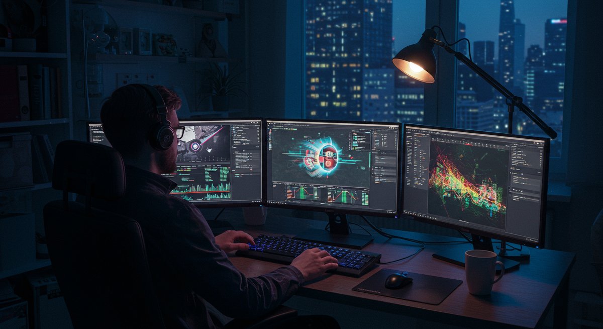 Crypto trader studying NFT tax implications with global market data on screens