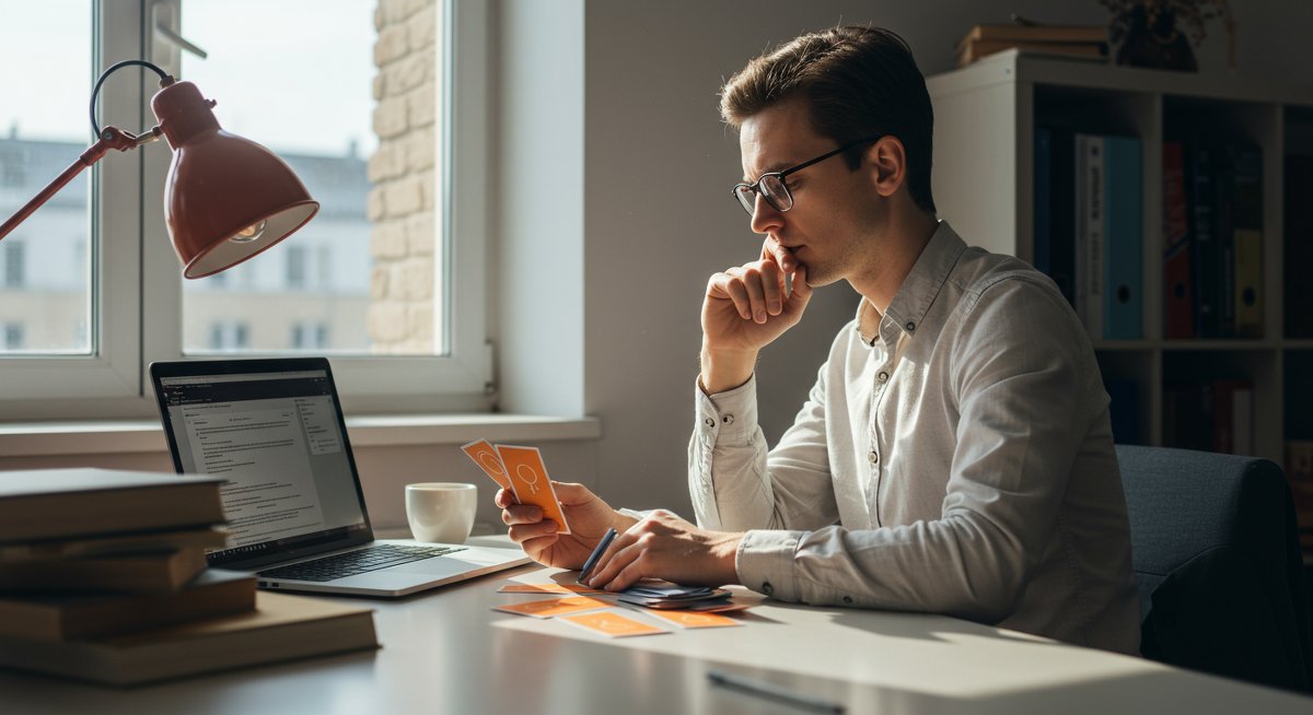 Adult vocabulary learning with flashcards and digital tools in professional workspace