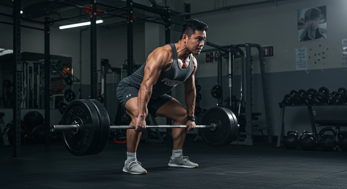 Person doing deadlifts in gym with dramatic lighting and athletic wear