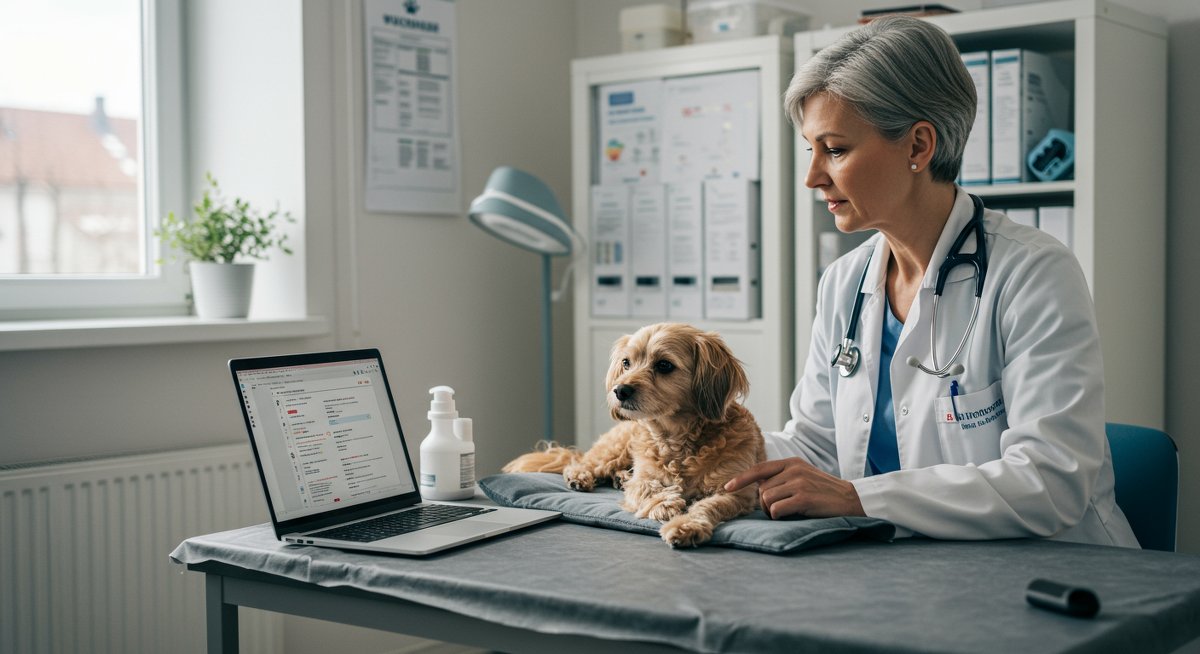 Experienced pet owner reviewing pet insurance options with veterinarian in vet clinic