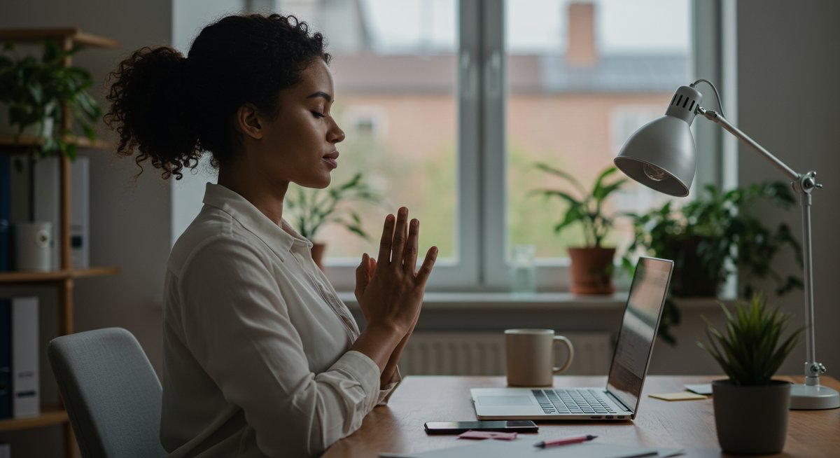 Diverse professional practicing mindful breathing at a modern workspace to reduce job stress and build resilience.