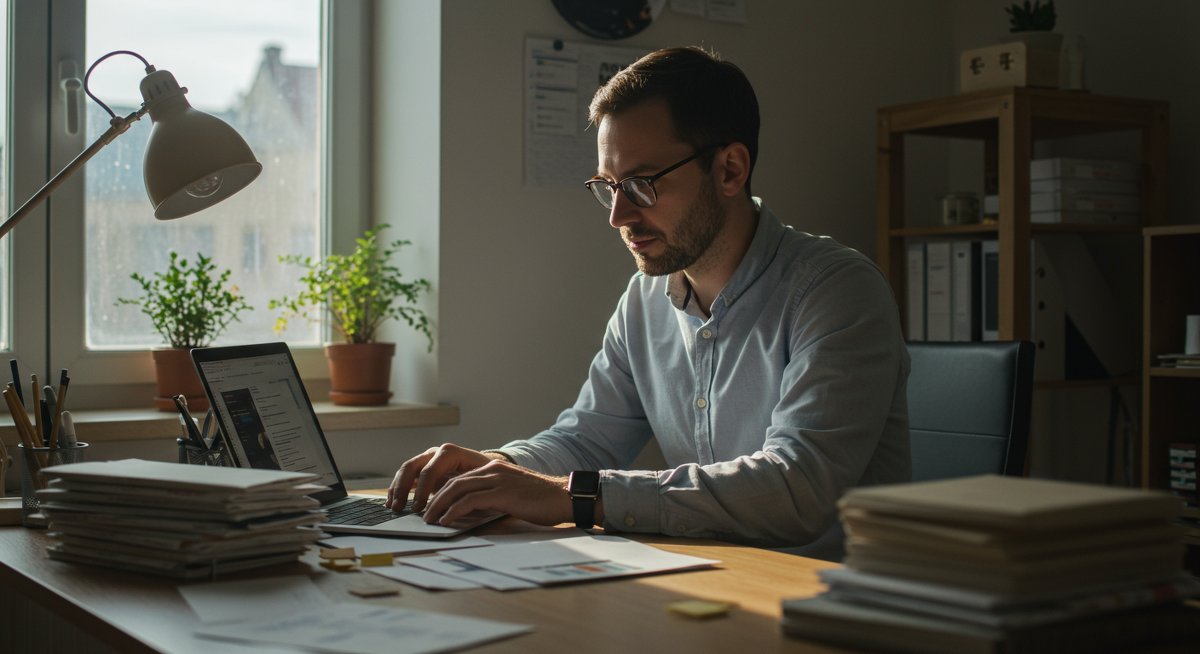 Minimalist email decluttering setup with laptop, physical mail organization, and plant accents in modern workspace