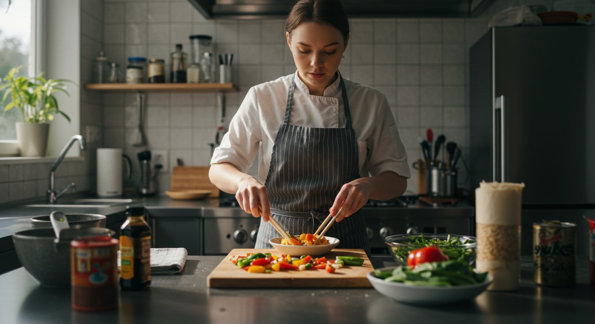 Professional illustration of a woman cooking affordable vegan dinner recipe in modern kitchen with fresh ingredients