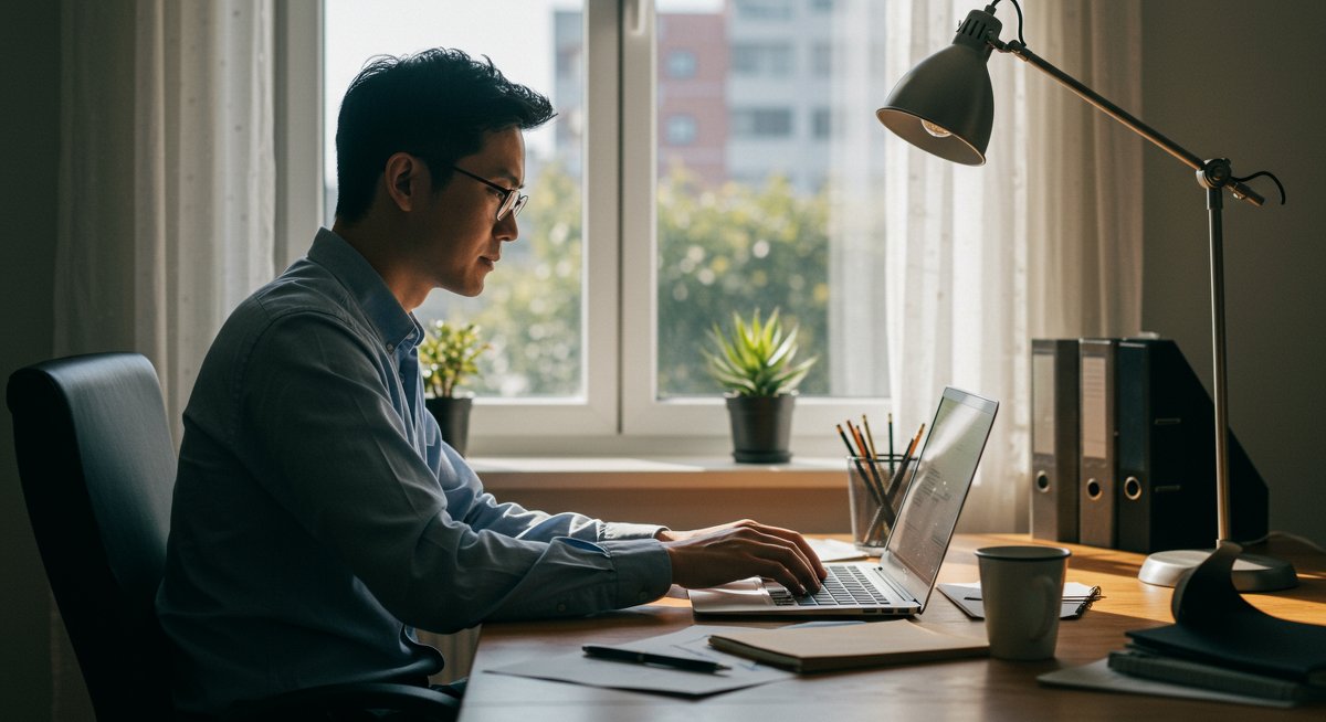 Confident male professional in minimalist home office focusing on financial planning with organized workspace and natural lighting