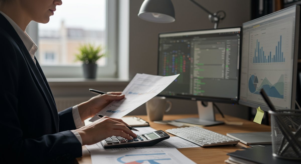 Experienced budgeter using 50/30/20 rule with dual monitors, organized financial documents, and professional workspace