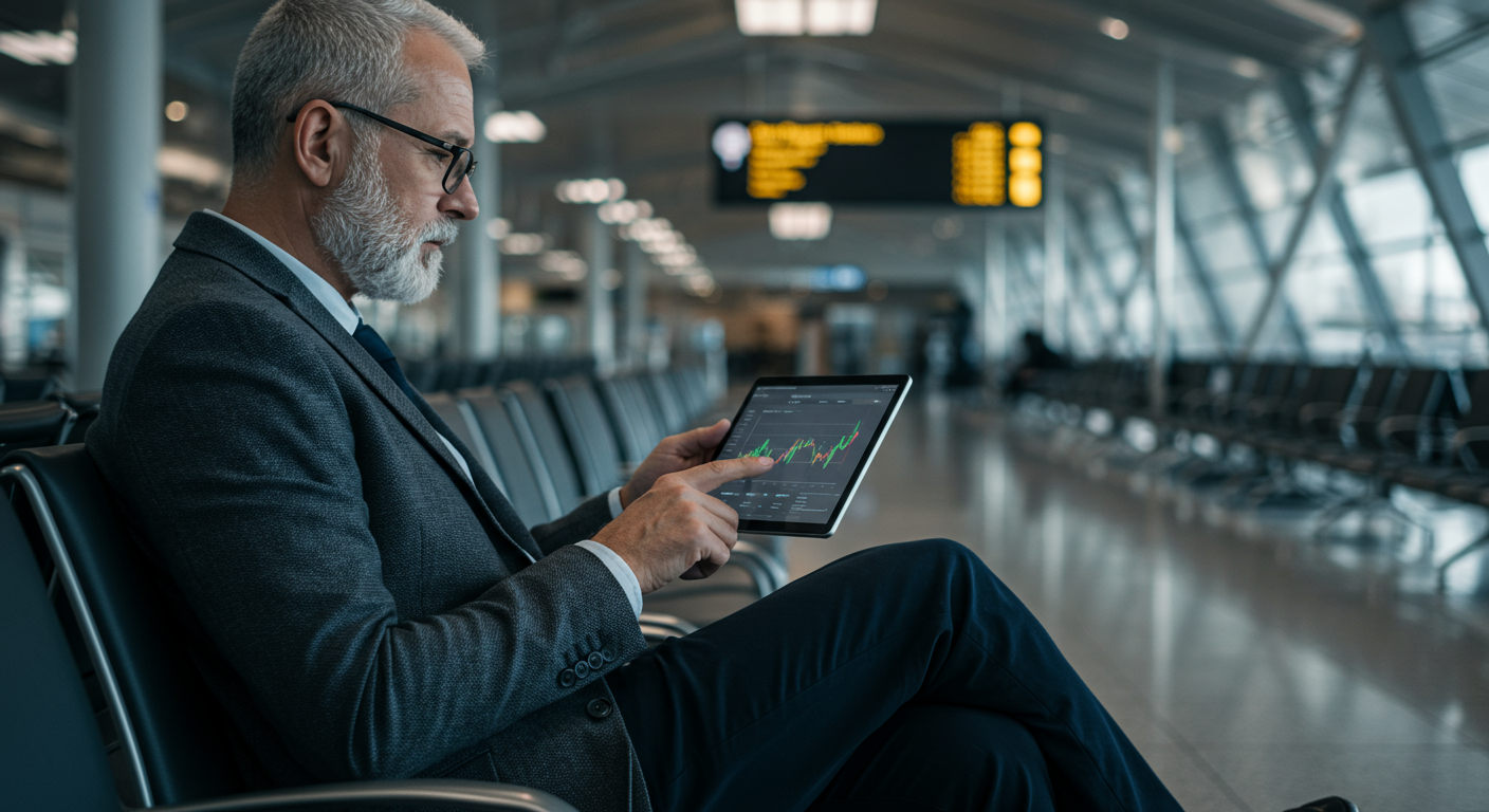 Experienced international crypto trader comparing exchange fees on a tablet in an airport lounge, focusing on low-cost trading options and international market analysis.