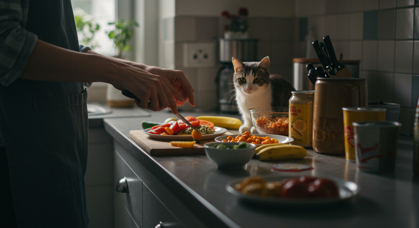Person preparing a balanced, nutritious meal for a cat in a clean kitchen, emphasizing healthy ingredients and cat's curiosity.