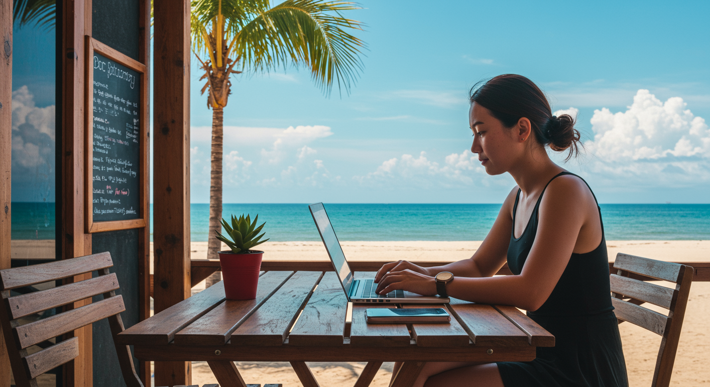 Digital nomad working remotely at a beachside cafe, showcasing internet connectivity for remote work.