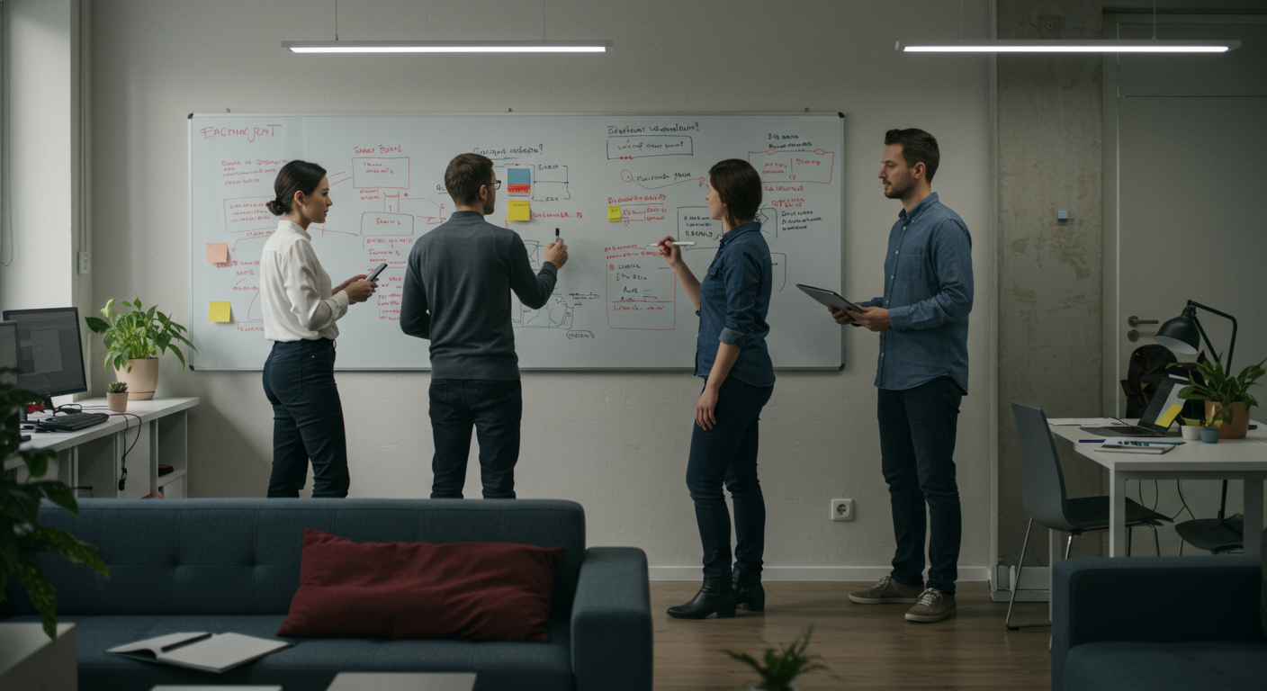 Team of professionals collaborating in a modern office setting, focused on team productivity and collaboration