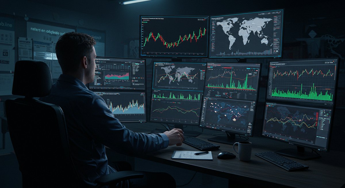 Global Bitcoin trading strategy visualization with multi-screen setup, world map, and analytical notes