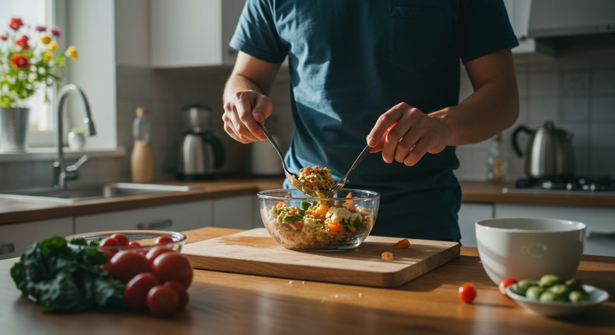 Vegan athlete preparing nutritious plant-based meal for fitness training