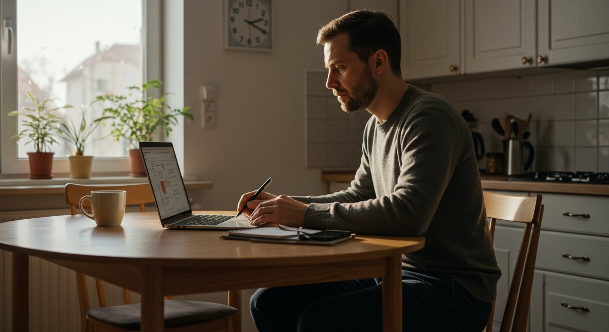 Minimalist finances 2025: Conscious spending guide - man at kitchen table planning budget with laptop, coffee, and notes