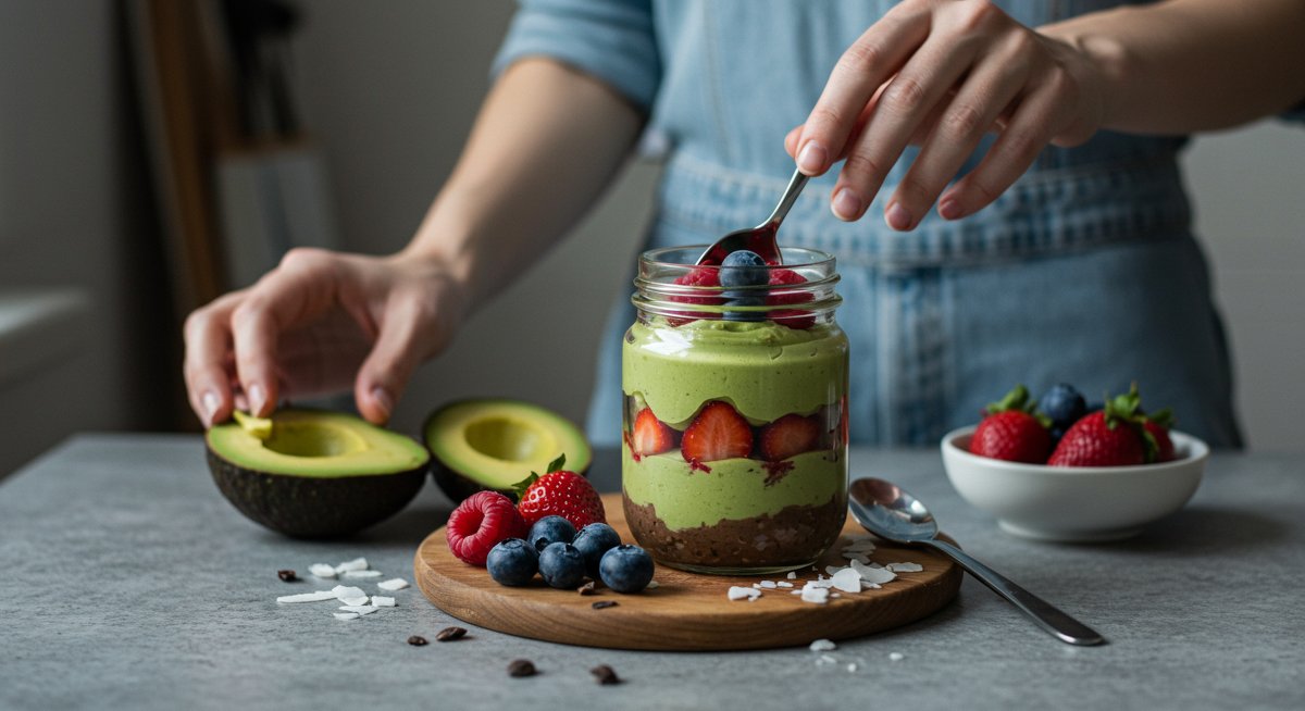 Healthy no-bake dessert with chocolate avocado mousse, fresh berries, and coconut in glass jar
