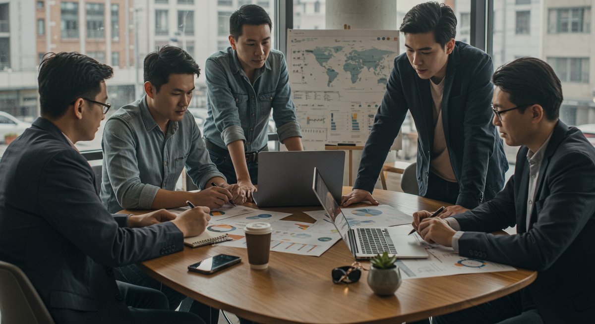 Digital nomads in a co-living space engaging in community building with professional work setup and global travel map