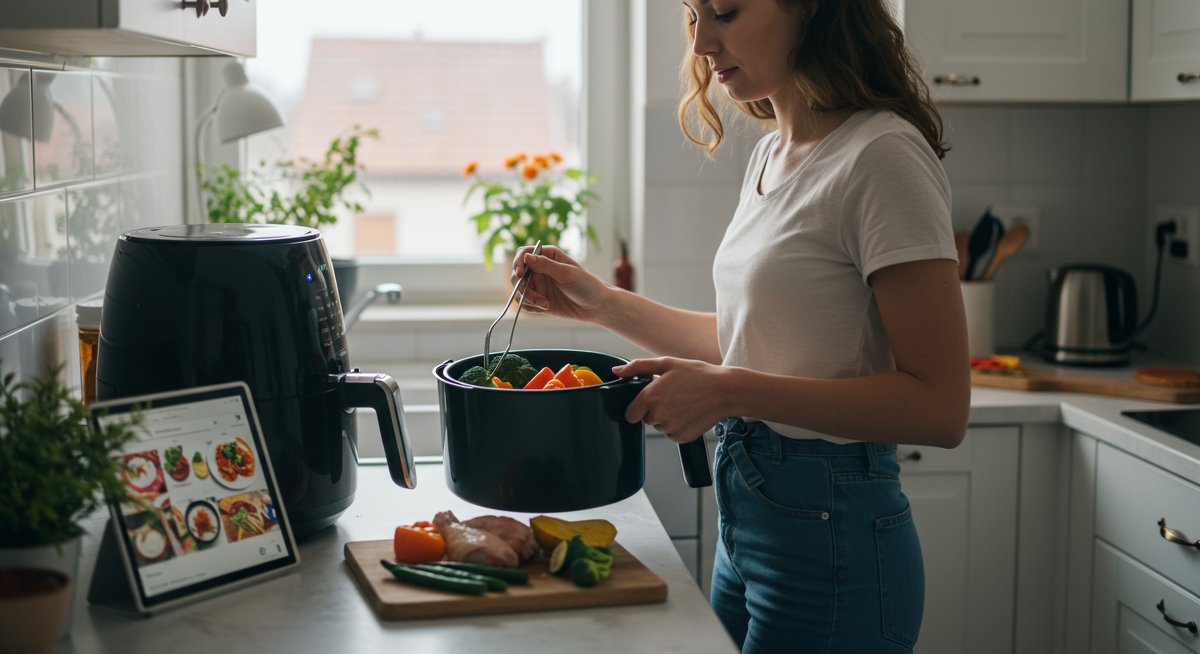 Healthy air fryer meal with vegetables and chicken, modern kitchen setup, natural lighting