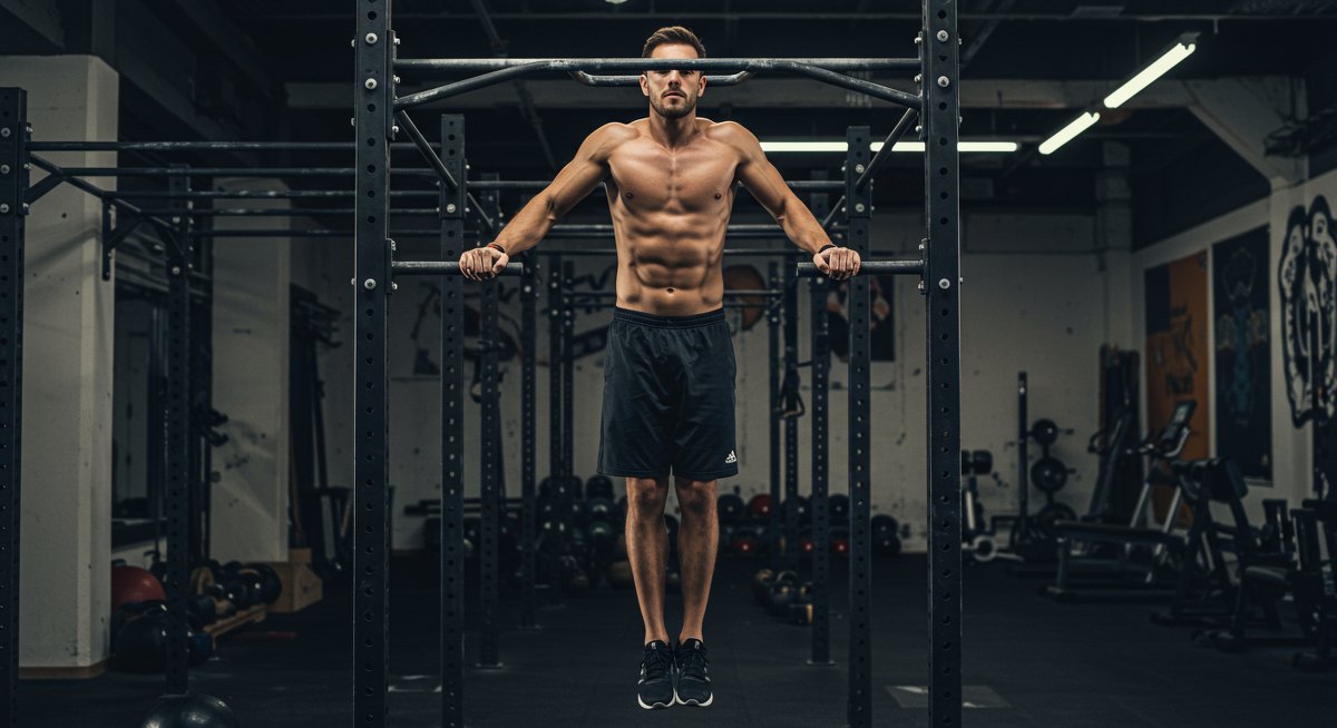 Person doing pull-ups on parallel bars with natural lighting