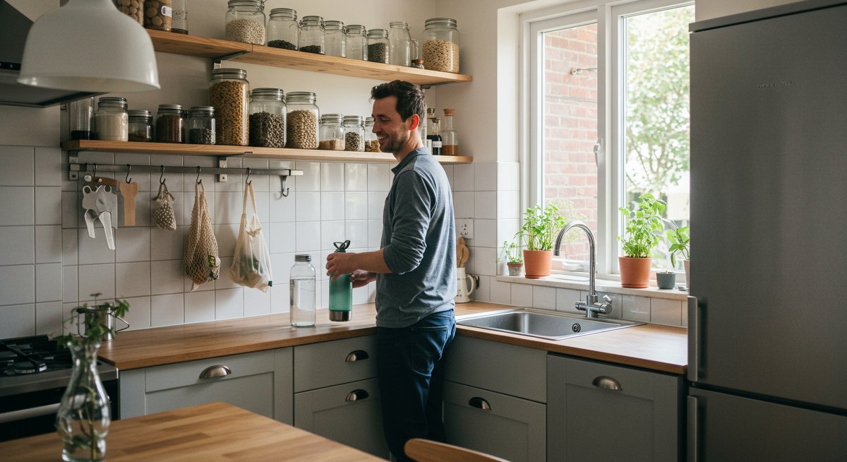 Person refilling reusable water bottle in eco-friendly kitchen with bulk food and composting.