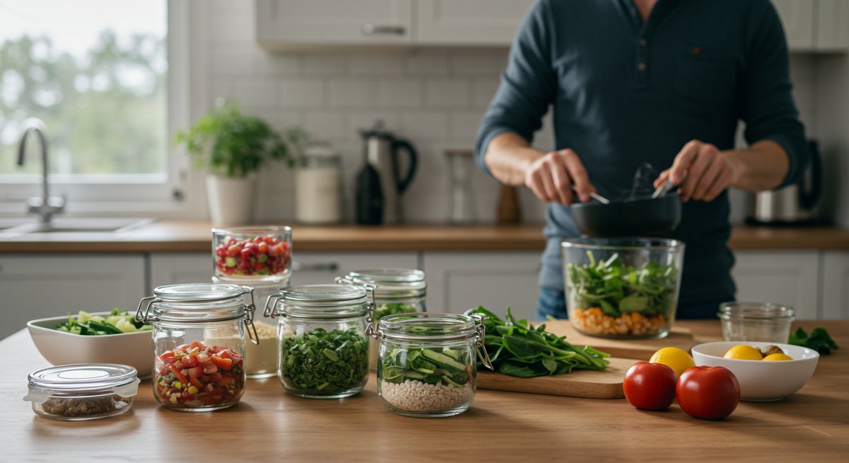 Professional vegan lunch preparation in modern kitchen with meal prepping containers, fresh ingredients, and natural lighting