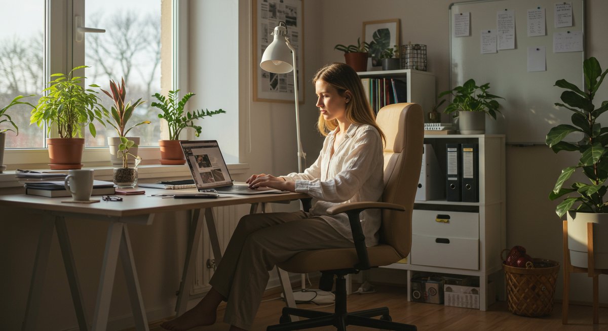 Professional remote work setup featuring a woman at her desk with a laptop, ergonomic chair, and office plants in a bright, modern home office environment
