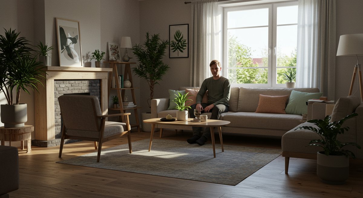 Minimalist vegan home decor with sustainable materials, indoor plants, and eco-friendly design elements in a modern living room setting