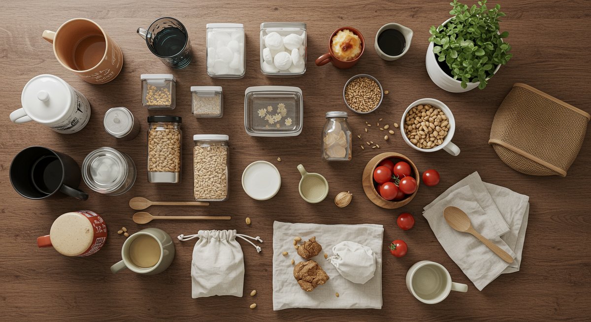 Zero-waste kitchen makeover with bulk containers, reusable bags, and eco-friendly cleaning products