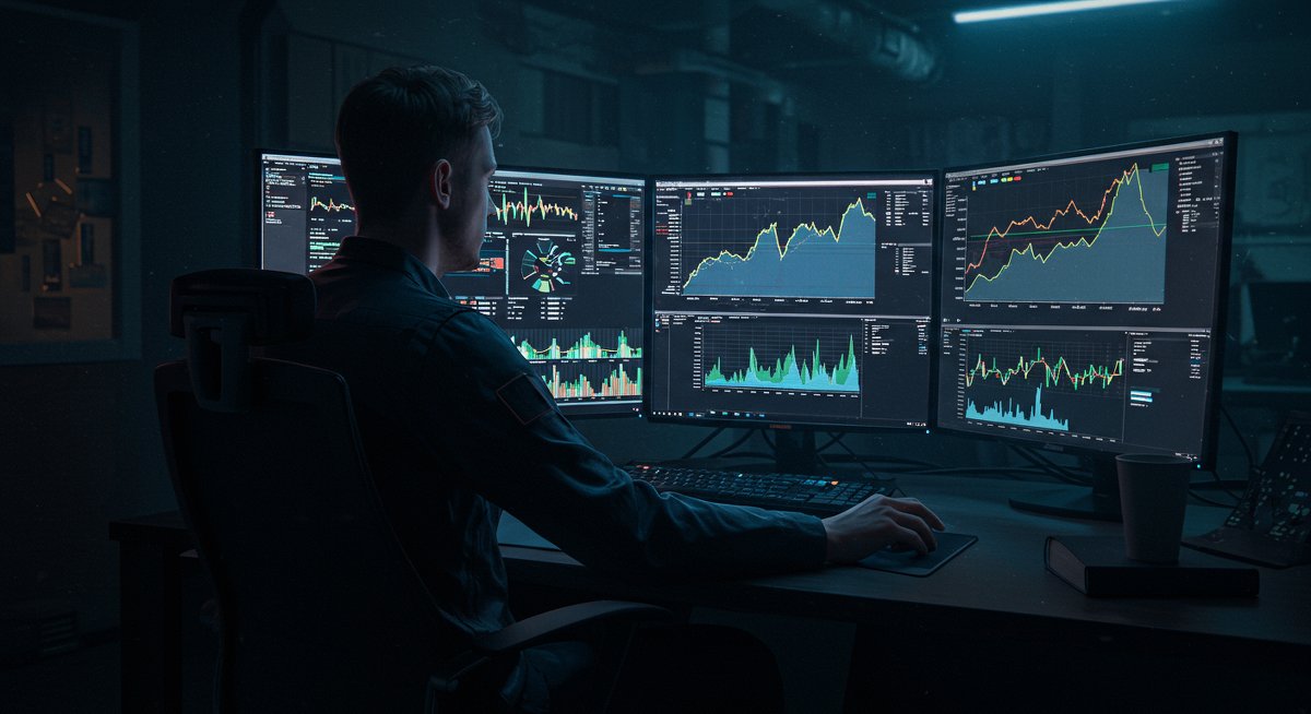 Crypto trader analyzing global market data and tax implications in a tech-filled workspace