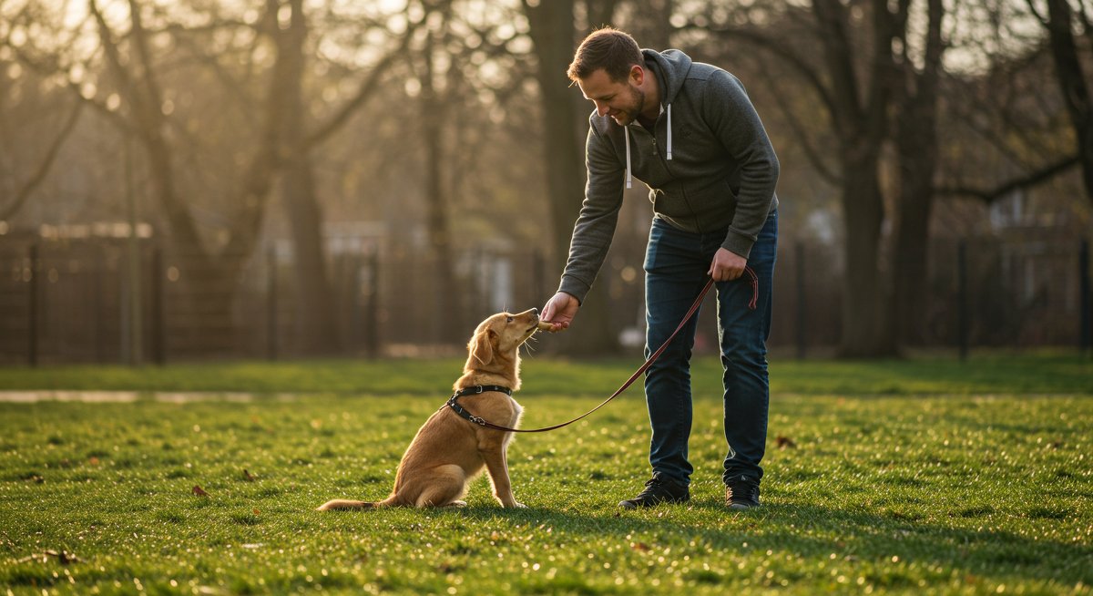 Man training puppy with treat on leash in sunny park - leash training techniques for new pet owners
