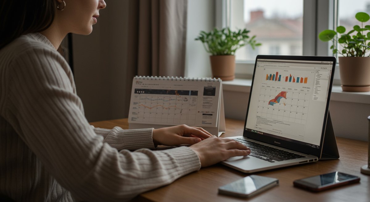 Woman using time blocking technique to manage daily tasks in a modern home office environment
