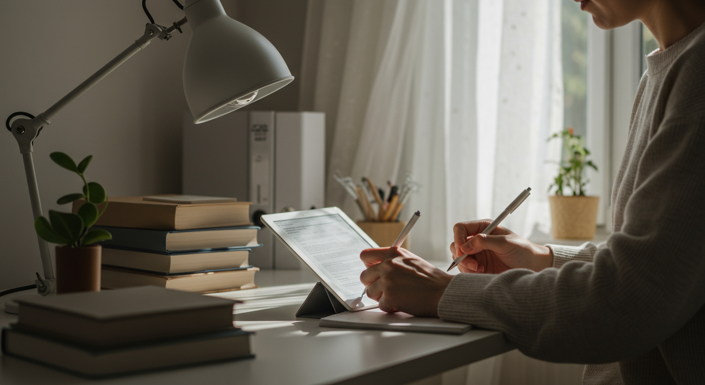 A minimalist with an organized filing system and tablet is writing in a journal in home office.