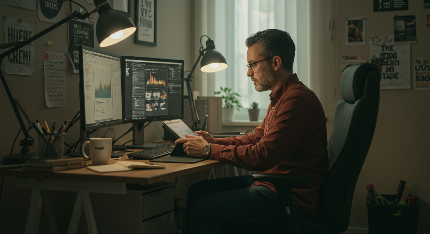 Mid-career professional studying online courses on a tablet in a home office, skill development