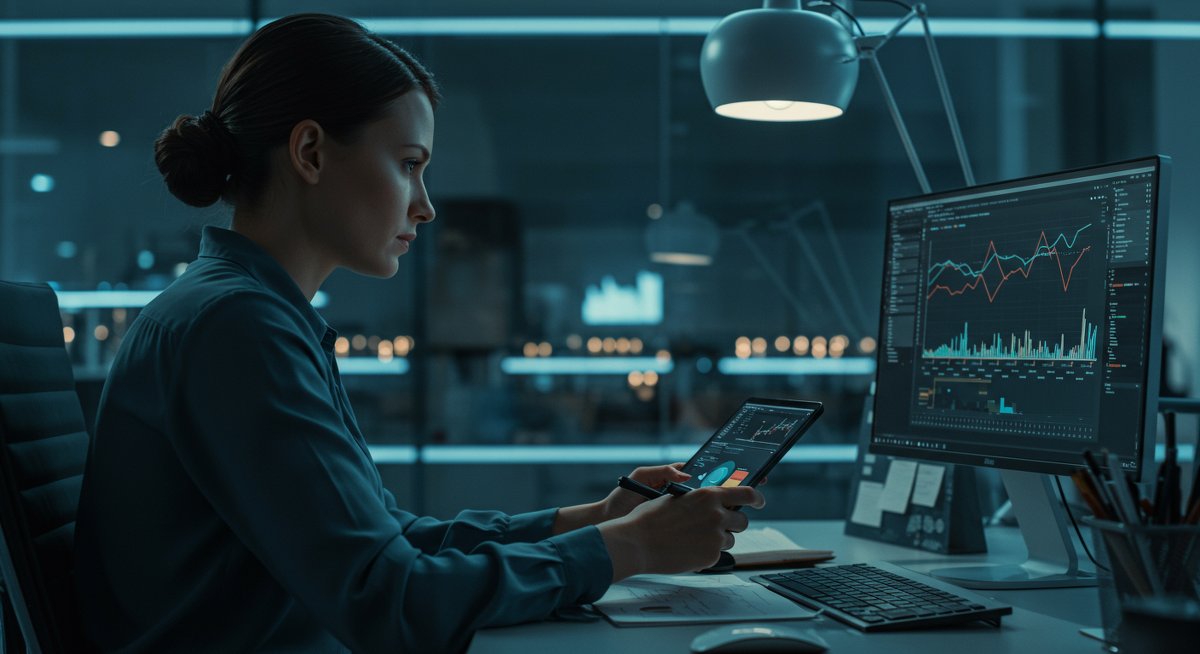 Professional crypto trader using secure anonymous exchange interface in modern workspace, emphasizing privacy and KYC-free trading
