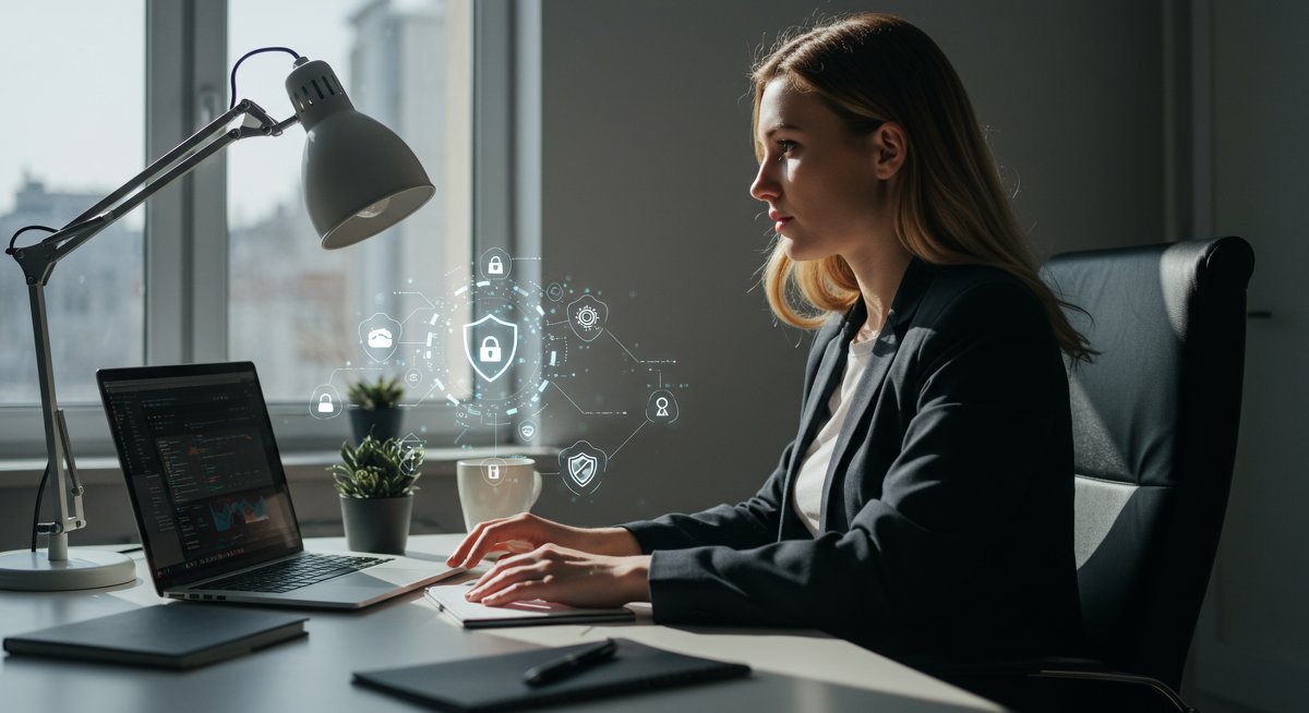 Digital nomad woman using cybersecurity tools in secure workspace with modern tech equipment